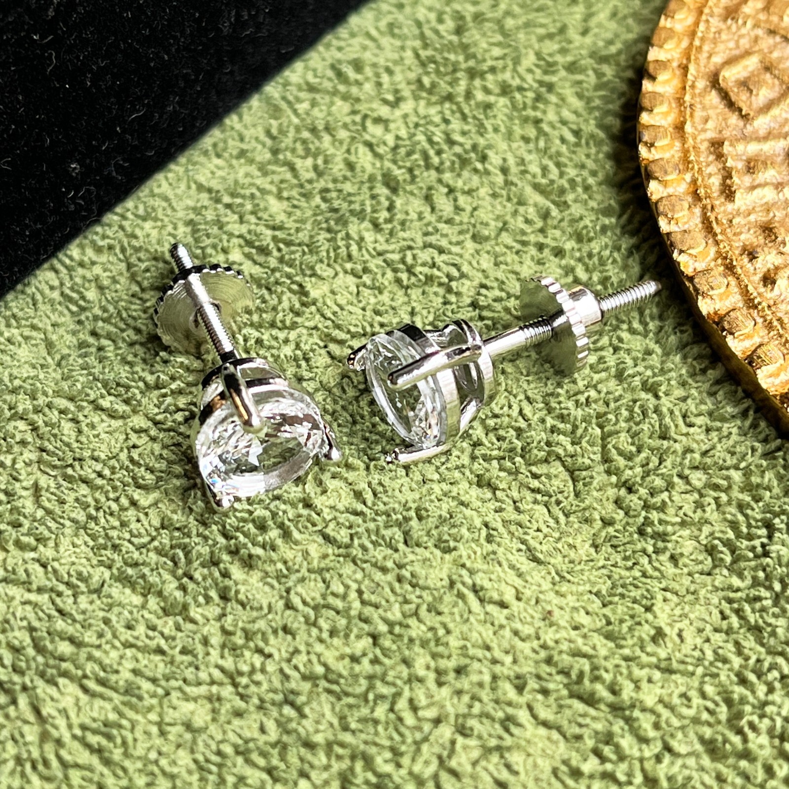 Zircon Stone Silver Plated Brass Earrings, Screw Back Prong Setting Stud Earring