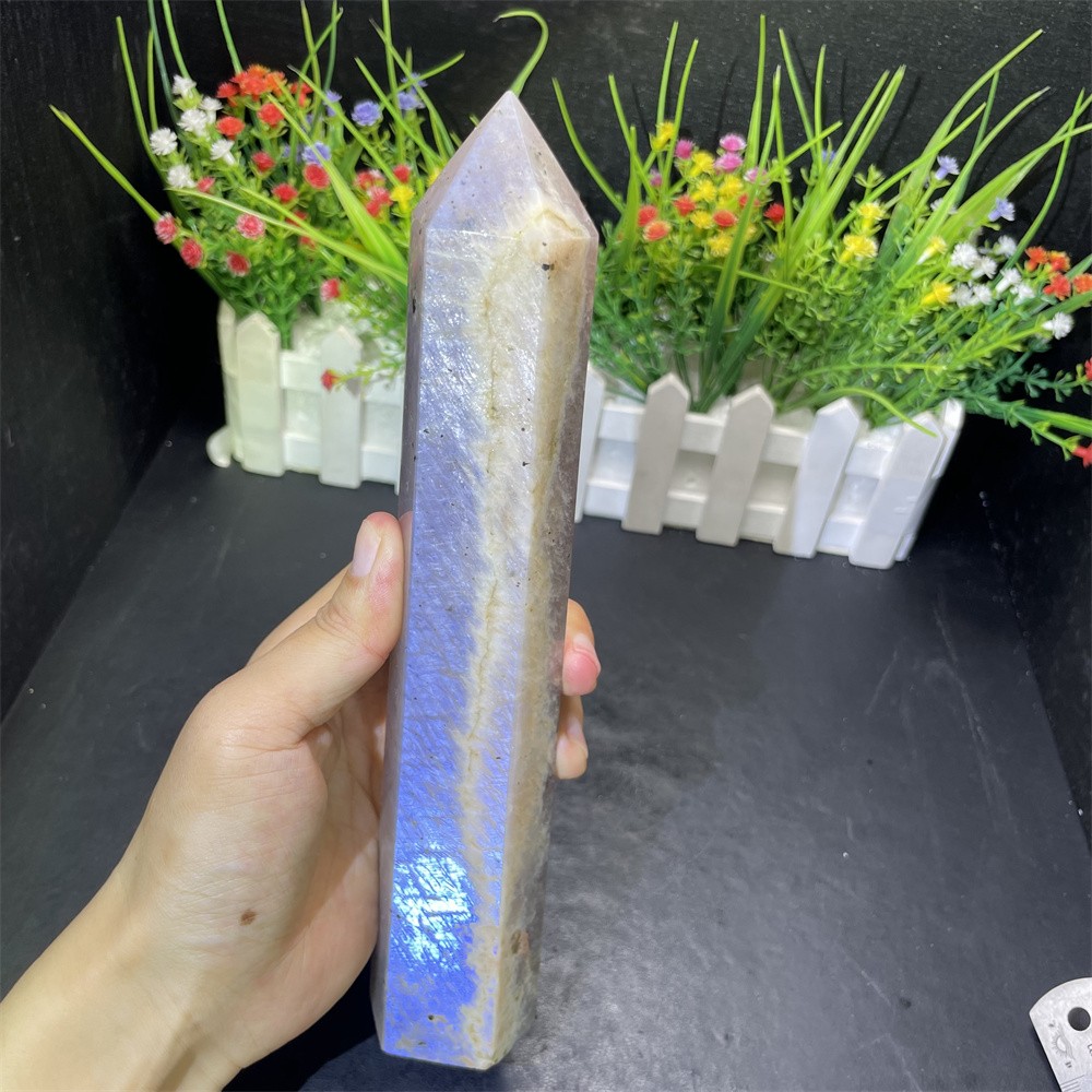 1.4LB 9″ Natural Blue Moon Stone Obelisk Quartz Crystal Tower Point Heal Decor