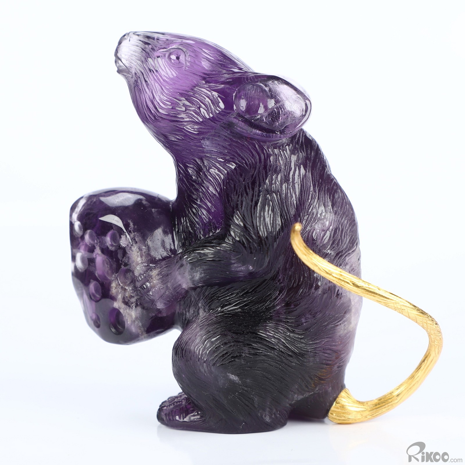 3.5″ Amethyst Hand Carved Crystal Mouse and 18K Gold Plated 925 Silver Tail,