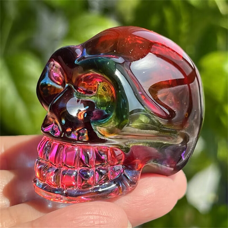 2″ titanium rainbow aura smelting quartz skull crystal hand Carved Reiki 1PC