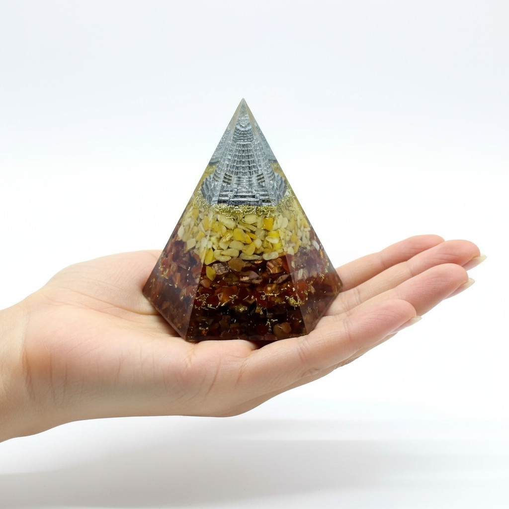 Citrine & Carnelian Orgone Pyramid Gift, Crystal Grid Centerpiece, Feng Shui