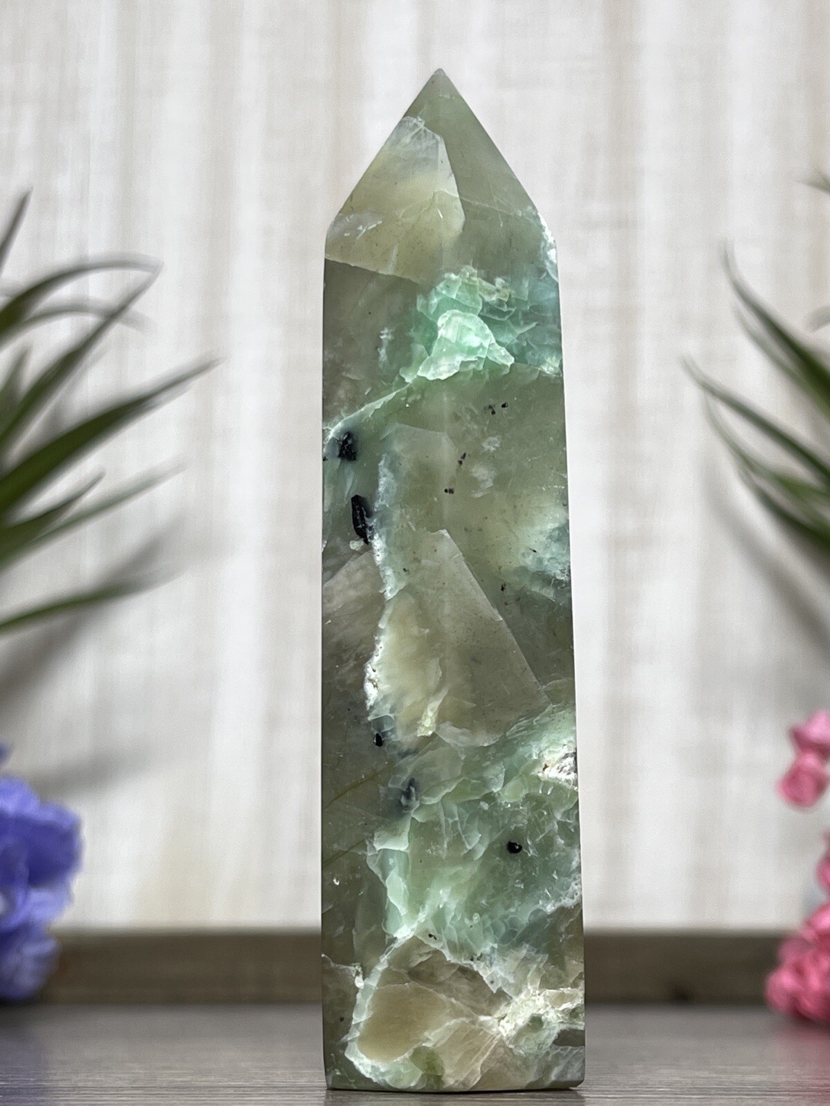 GREEN MOONSTONE TOWER – Blue Flash Garnierite Crystal Mineral Point Witch Wiccan