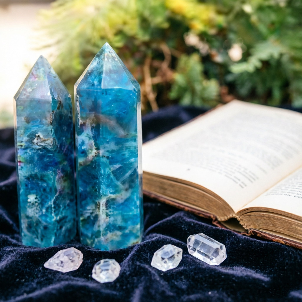 Natural Blue Apatite Crystal Tower Obelisk Healing Wand Energy Reiki Home Decor