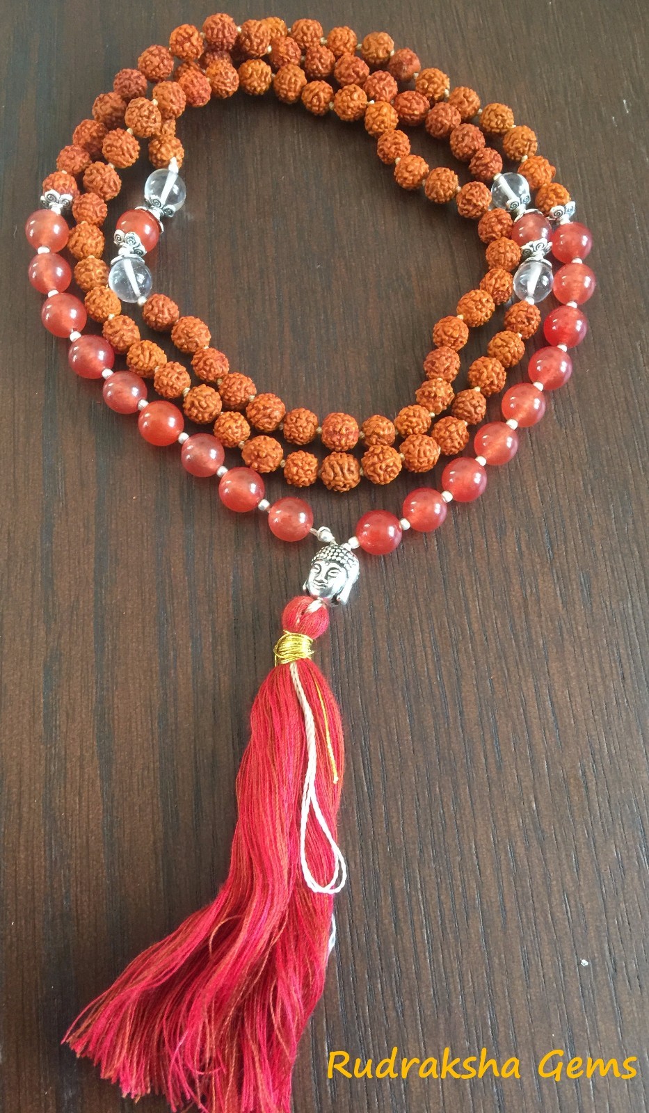 CARNELIAN RUDRAKSHA BUDHA CRYSTAL STONE JAPA MALA ROSARY BEADS MEDITATION YOGA