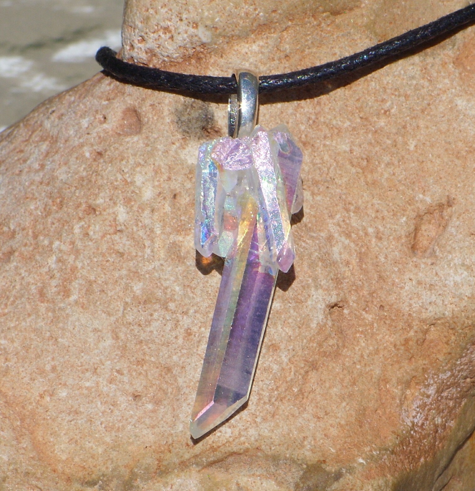 Angel Aura Quartz Twinned Point Crystal Cluster Stone Pendant Necklace