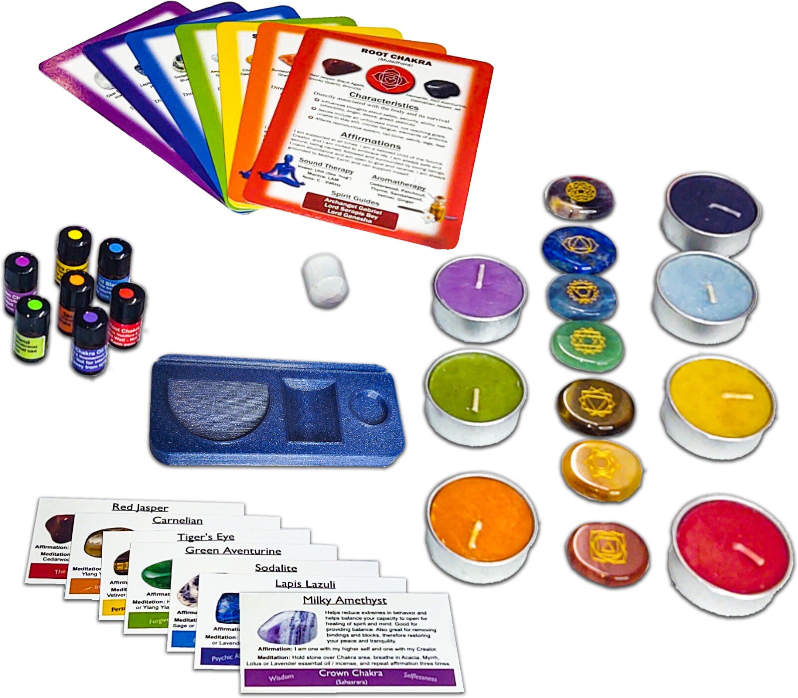 Chakra Healing Altar & Meditation Kit – 7 Chakra Sets: Engraved Symbols Stones