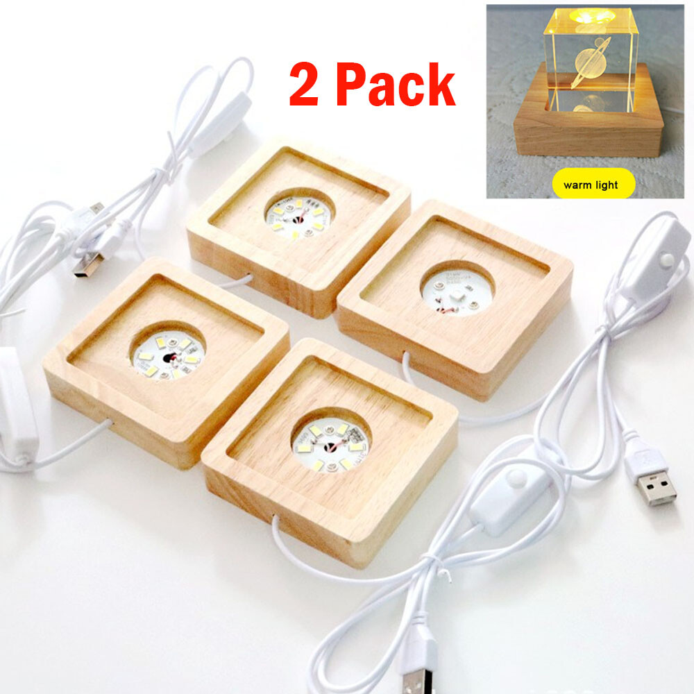 2pcs USB LED Light Square Solid Wood Base Holder Warm For Crystal Craft Display