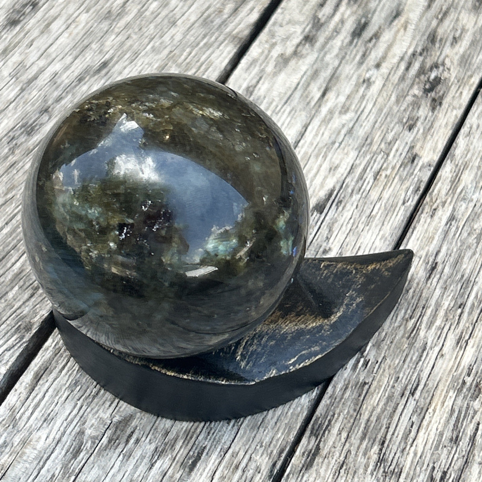 Large 75mm 644g Natural Labradorite Crystal Sphere Blue Flash w/ Stand