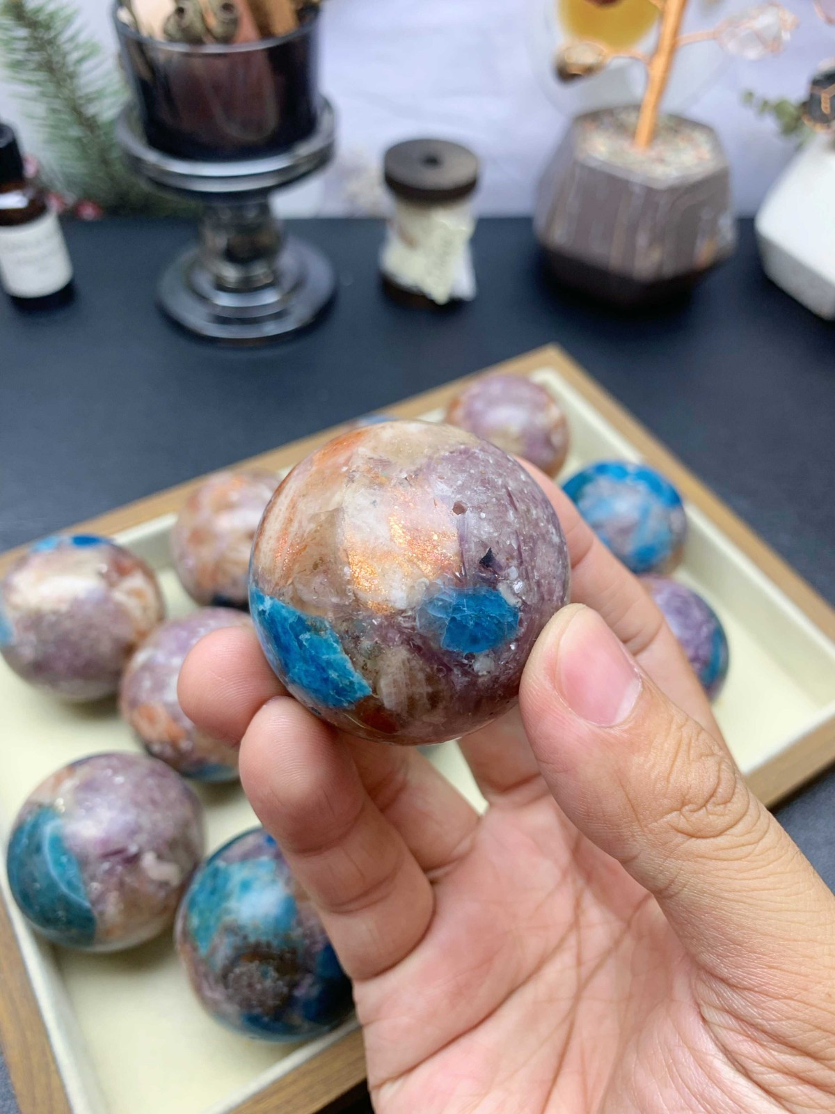 Composite Crystal Sphere 5cm, Apatite Sunstone Purple Mica with Wooden Stand