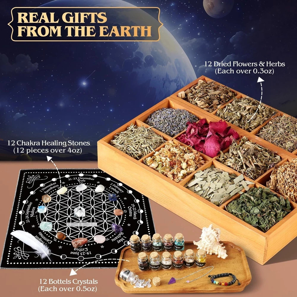 80pc Witchcraft Supplies Kit – Wiccan Starter Set w/ Crystals, Herbs, Spell Cand