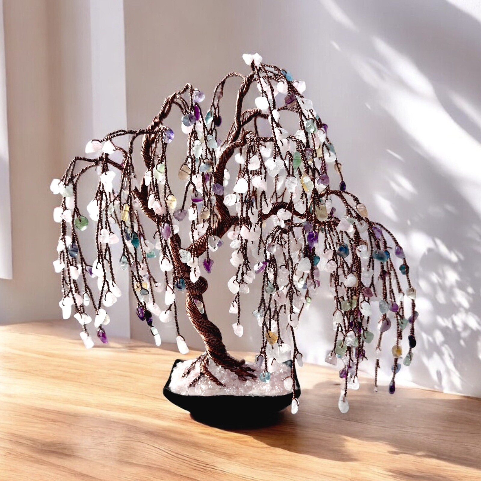 Large Rose Quartz-Fluorite Willow Bonsai Crystal Gemstone tree