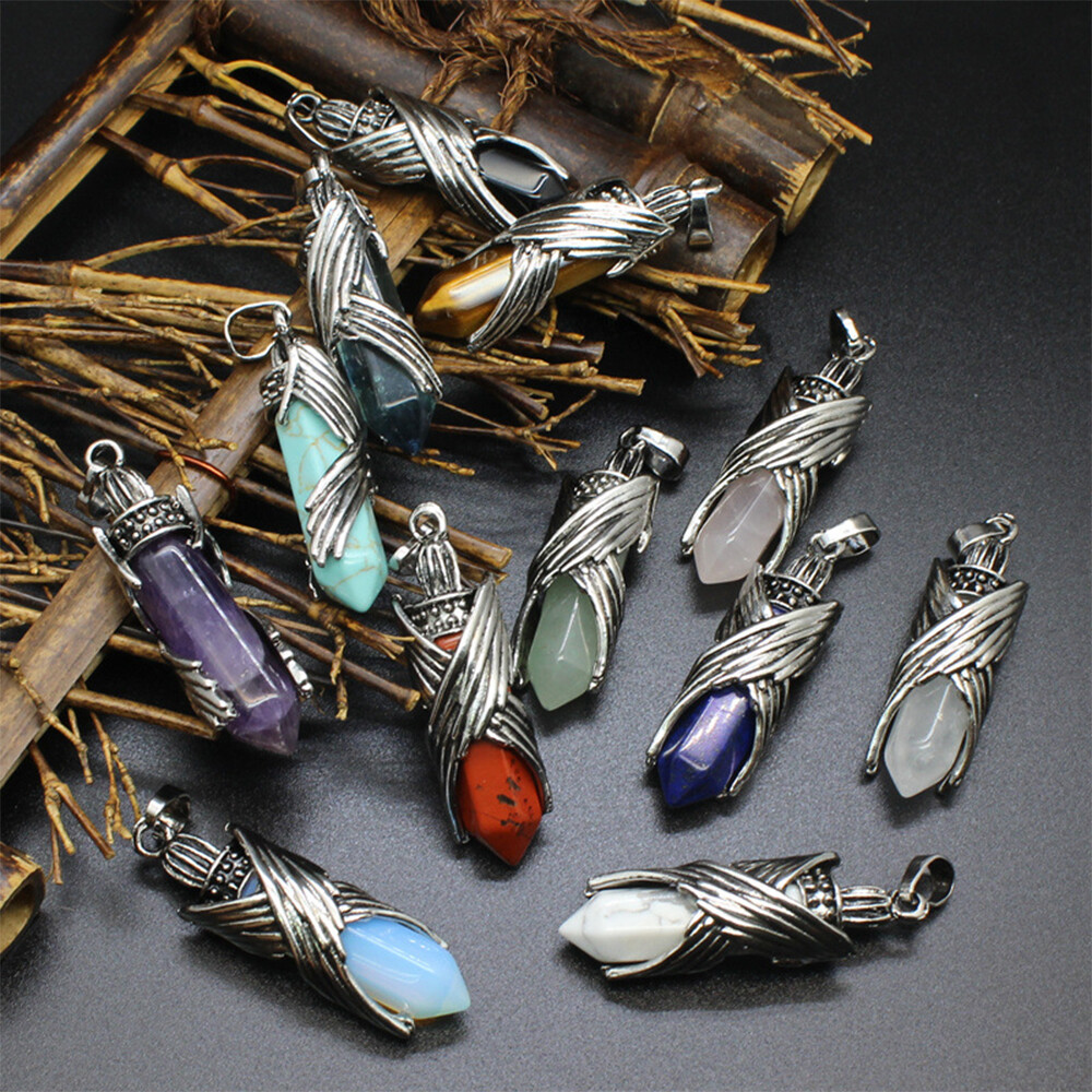 Natural Gemstone Hexagonal Angel Wing Chakra Healing Pendant Bead Point Crystal