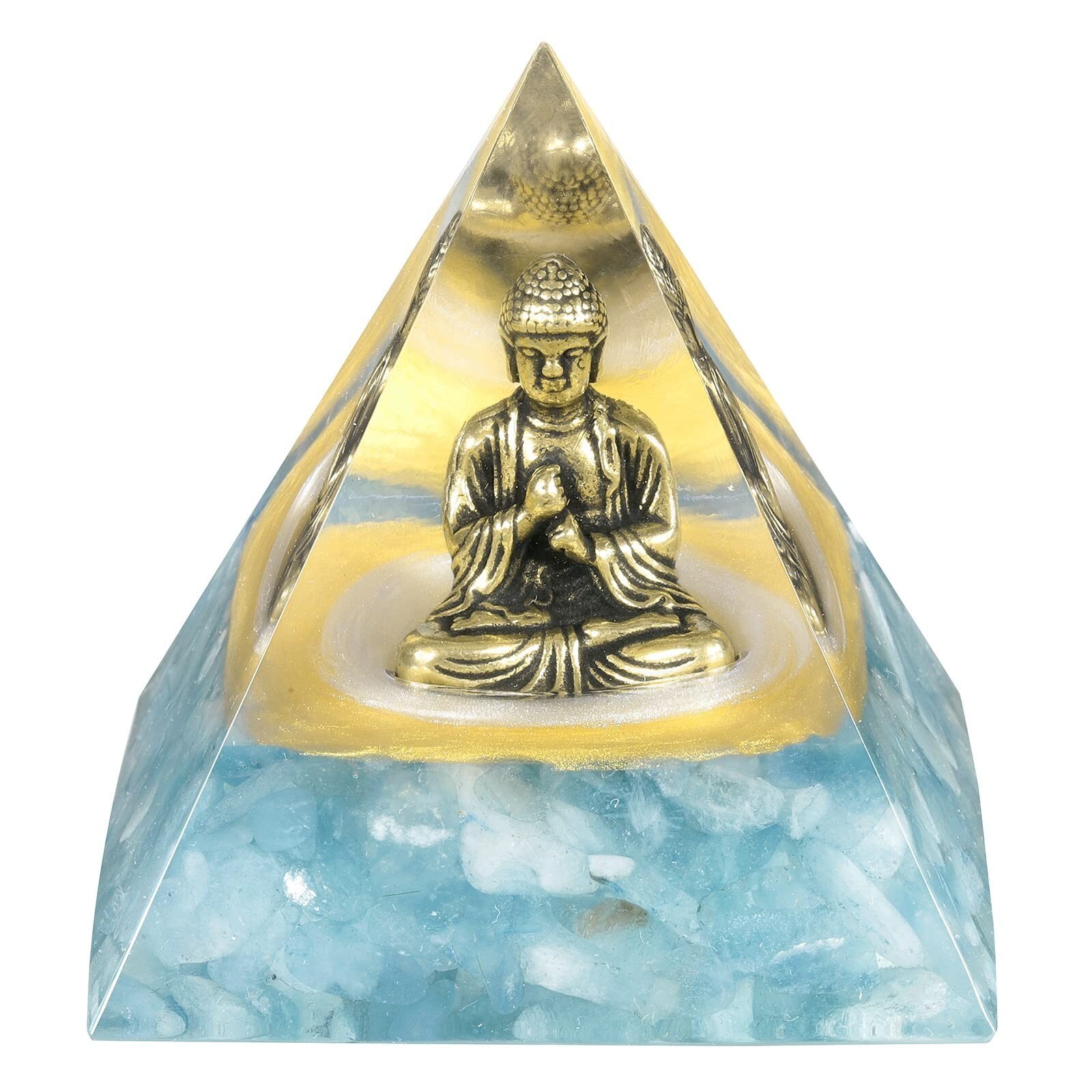SUNYIK Brass Buddha Statue Aquamarine Orgone Pyramid, Polished Chip Crystal S…