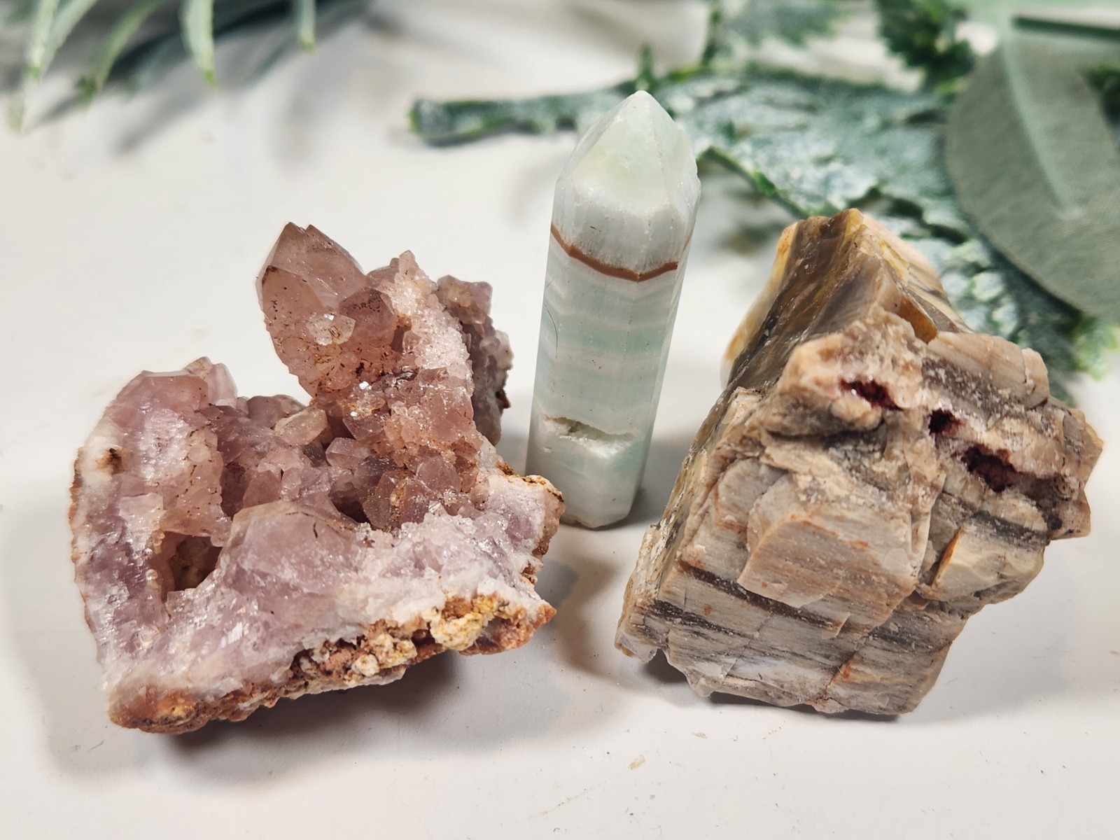 3 Pc Crystal Set Pink Amethyst Geode, Caribbean Calcite, Petrified Wood w Druzy