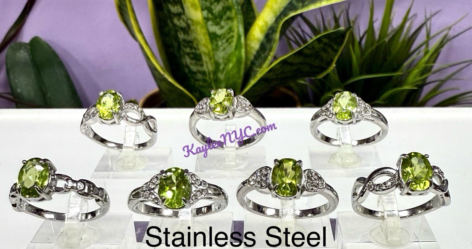 Wholesale 7 Pcs Natural Peridot Stainless Steel(316) Rings Crystal 5x7mm