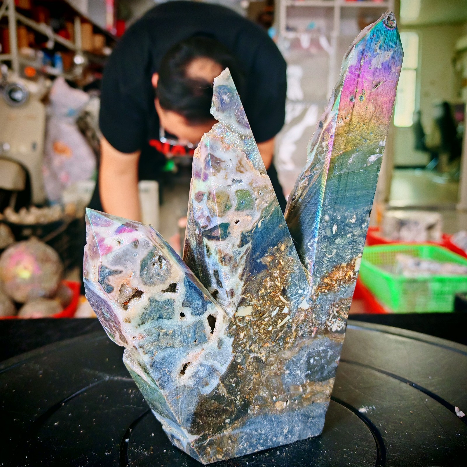 3.3LB natural electroplated sphalerite multi pointed column polishing 1.5kg