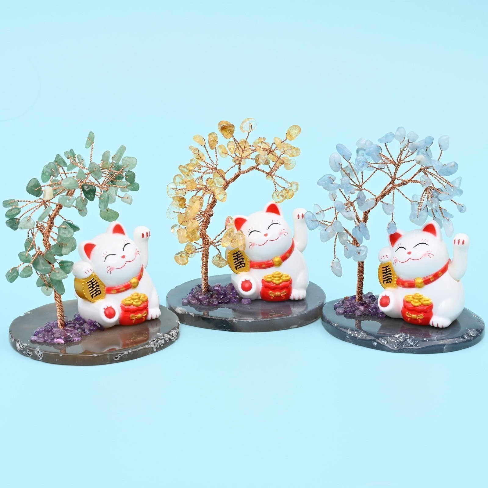 4 Inches Fortune Lucky Cat Gemstone Tree of Life