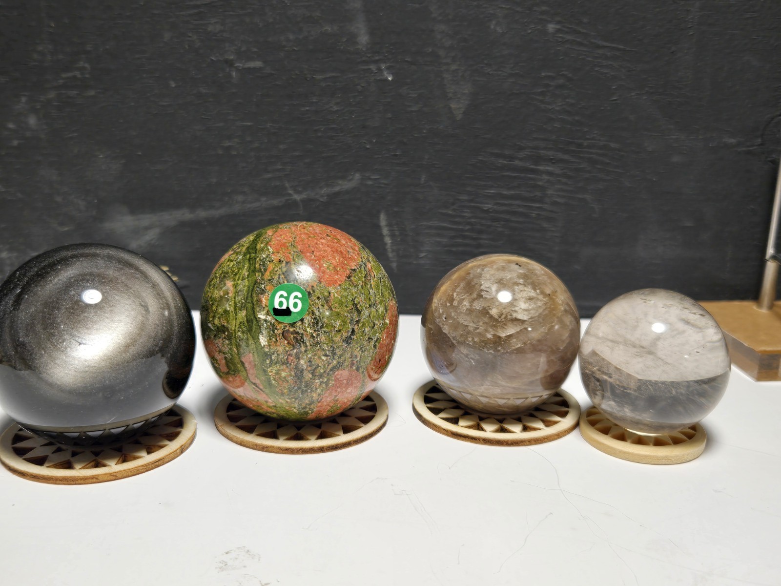 BEAUTIFUL Set of (4) Spheres – Unakite, Moonstone, Smoky Q & Silver Obsidian G66