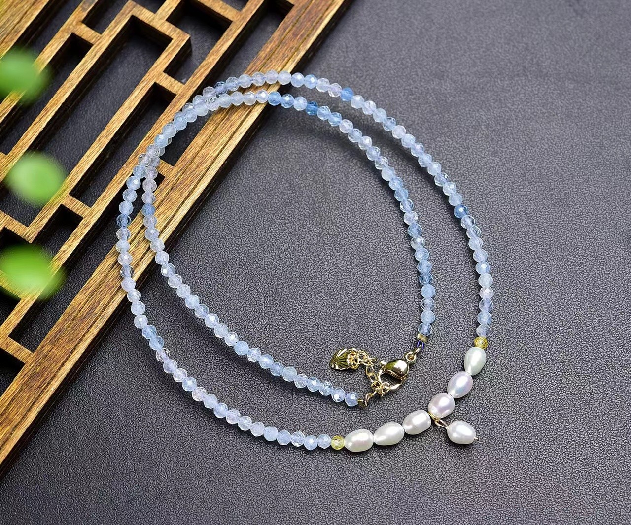 Aquamarine Pearl Necklace Tiny 2.5mm Beaded Healing Delicate Women Crystal
