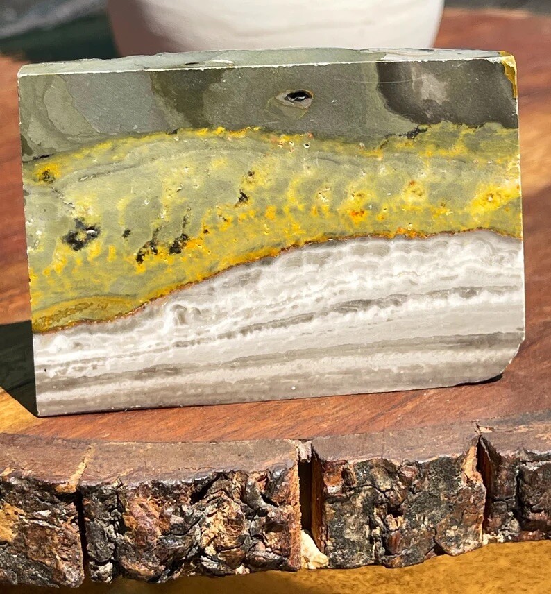 Natural Bumblebee Jasper Slab With Raw Edge Lapidary Stone Yellow Grey Crystal