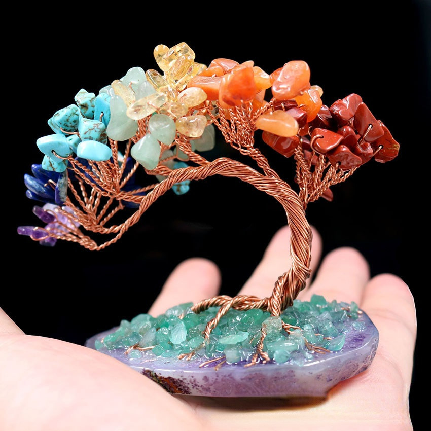 Natural Crystal Tumbled Stones Tree of Life Ornament, Reiki Healing Money