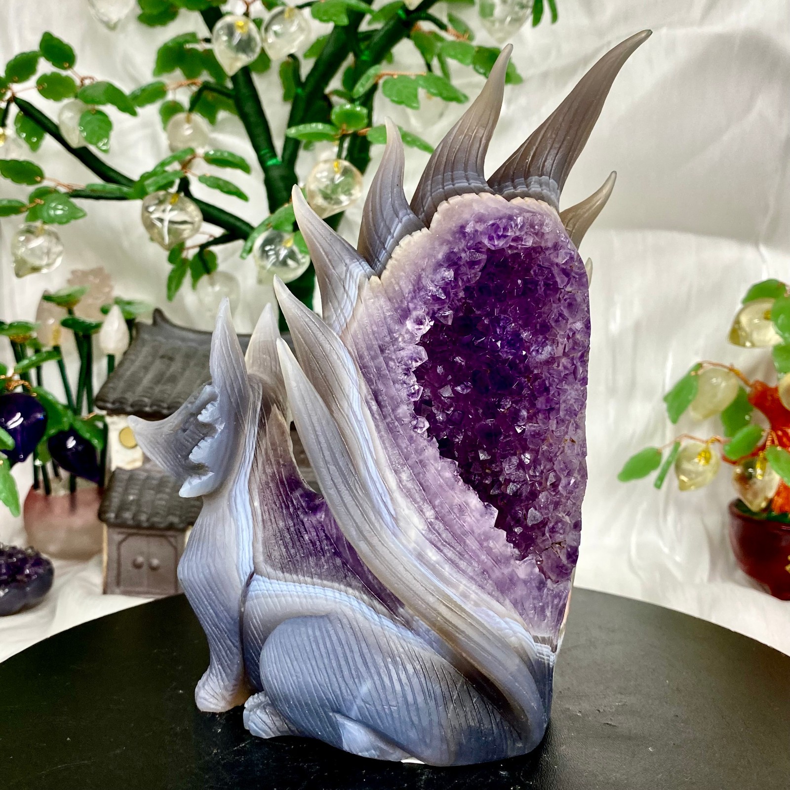 2.6LB Natural Agate Geode Hand Carved Nine-tailed Fox Quartz Crystal Decor