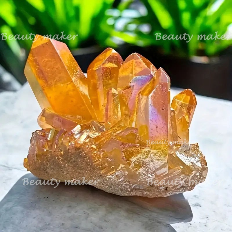 Natural Aura Angel Citrine Yellow Crystal Titanium Quartz Point Cluster Specimen