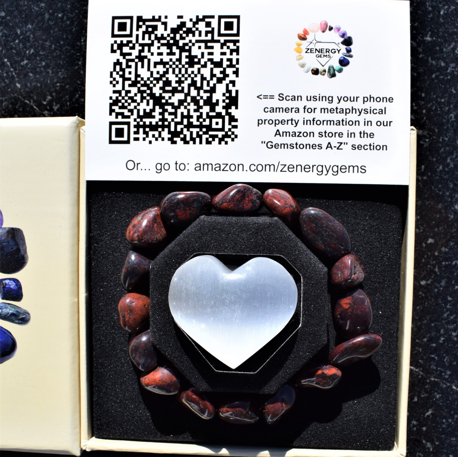 CHARGED Dark Red Brecciated Jasper Stretchy Bracelet + Baby Selenite Puffy Heart