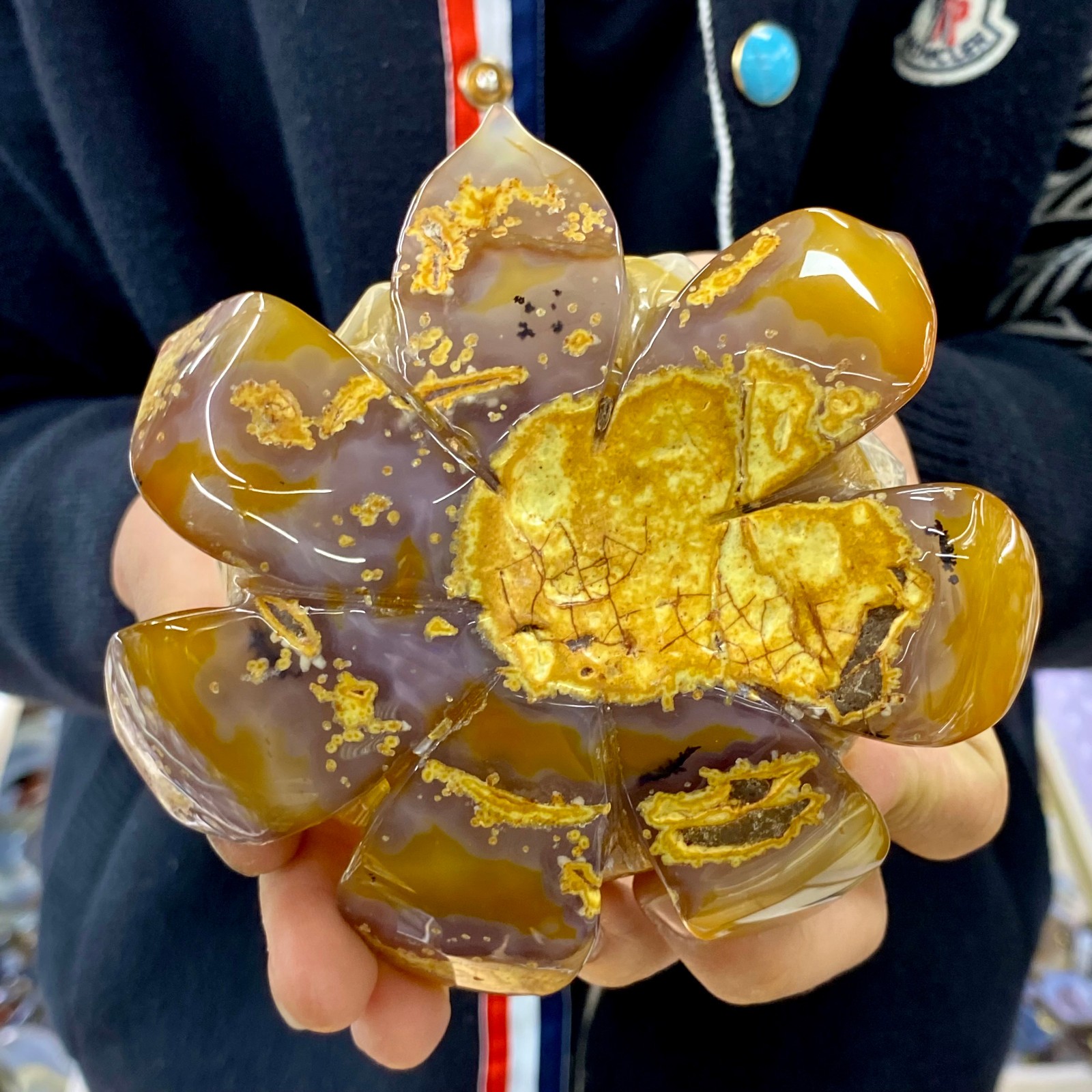 488G Natural Agate Geode Carved Lotus Flower, Hand Carved Healing Crystal Home