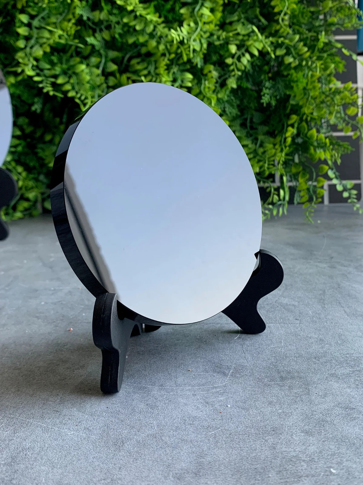 High Quality Black Crystal Obsidian Scrying Plate with Stand Reiki Stone Mirror