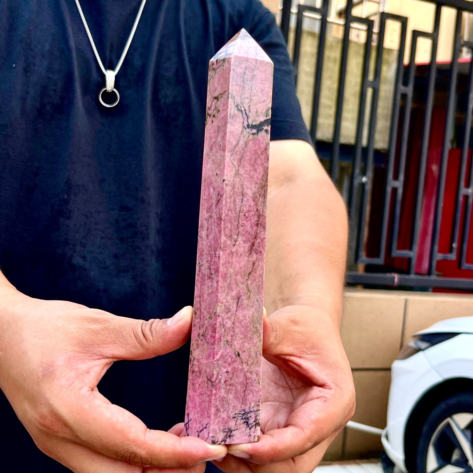 2.24LB High quality natural pink rose stone pointed pillar spiritual therapy