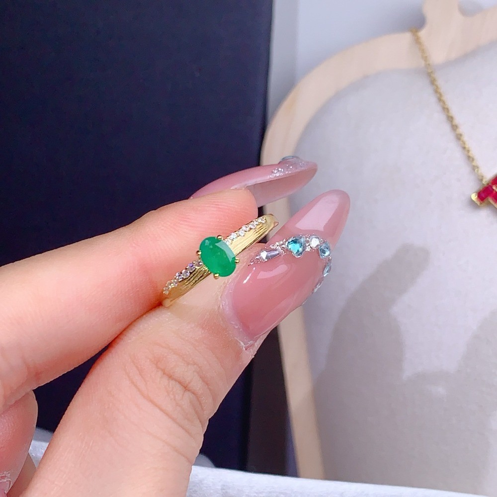 Natural emerald open Adjustable brushed ring Gemstone S925Silver Plated18K Gold