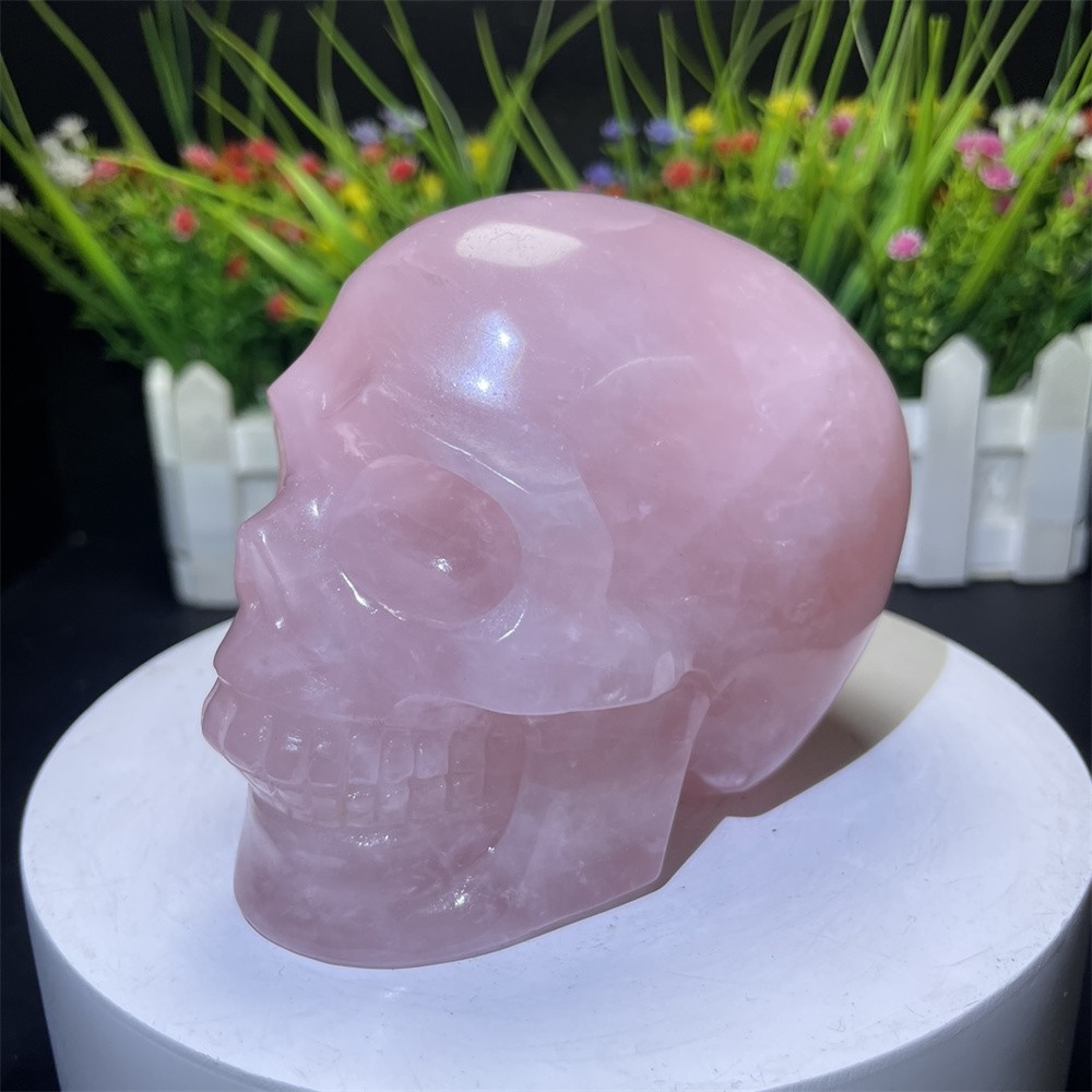 1.7LB 3.9″ Natural RoseQuartz Skull Carved Crystal Quartz Mineral Gift Decor