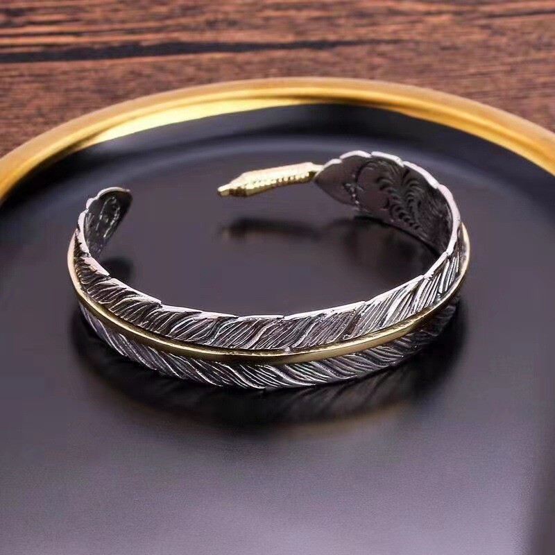 Men’s Fashion Jewelry Silver Feather Adjustable Bangle Cuff Bracelet Gift 1PC
