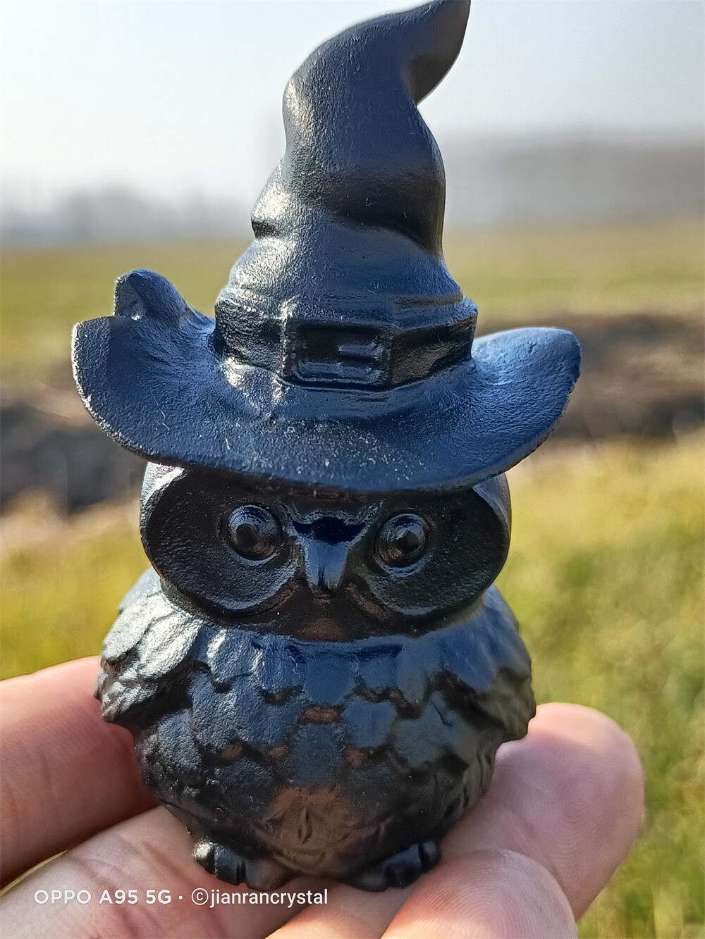 2.9″ Natural Obsidian Owl wizard hat skull Quartz Crystal Carved Skull Healing
