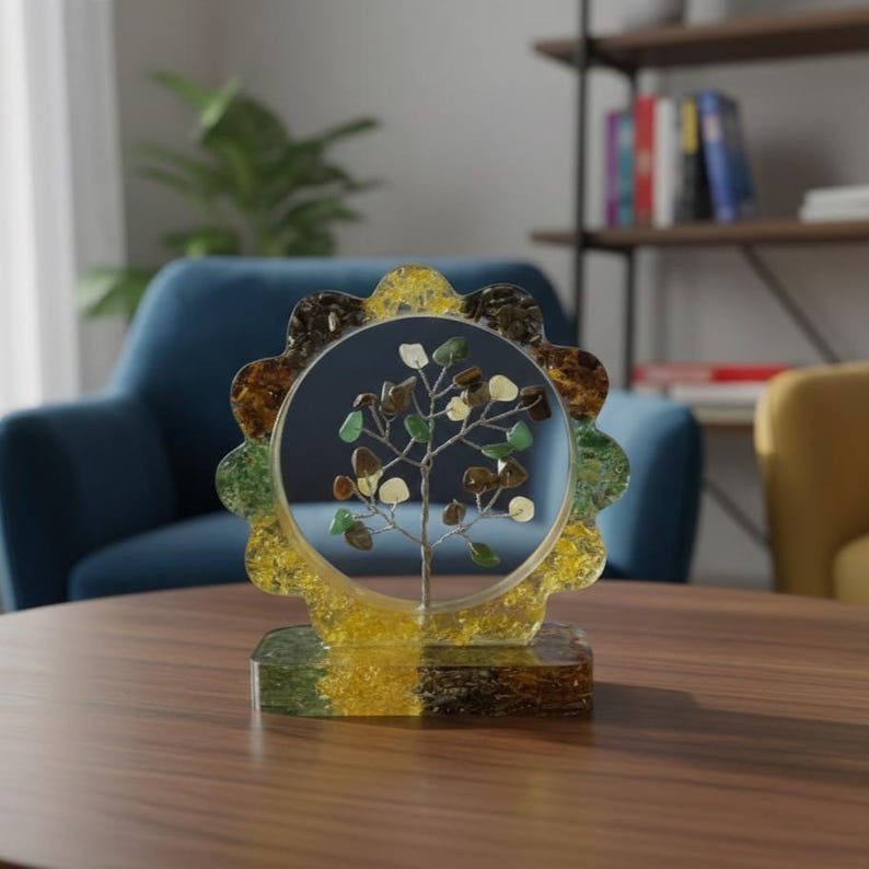 Mixed Gem Crystal Tree Table Decor, Resin Round Frame with Wire Tree of Life