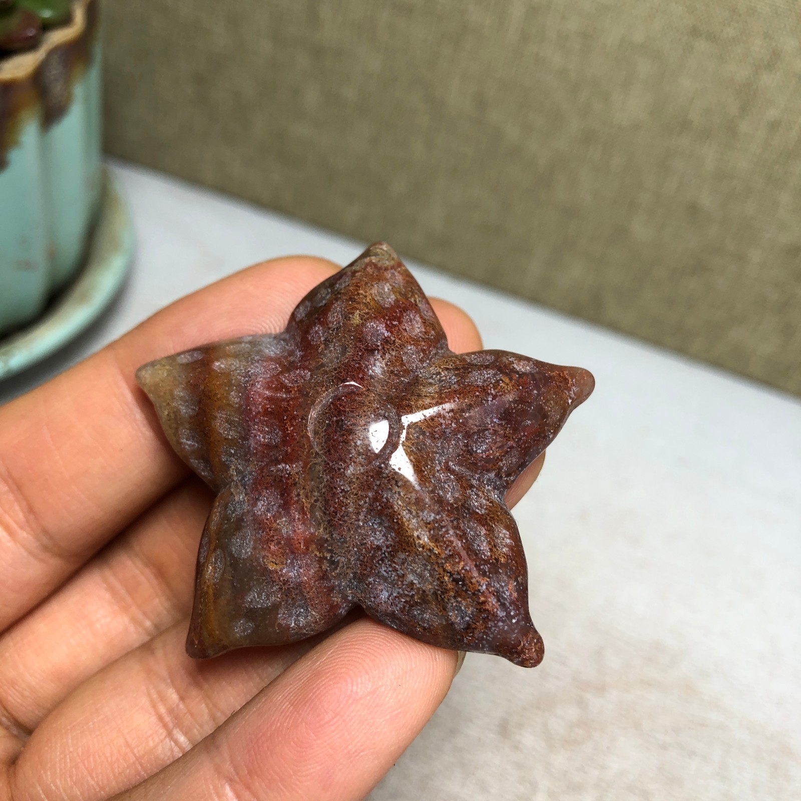42mm Natural Ocean Jasper Hand carved starfish Crystal specimens 21g A4463
