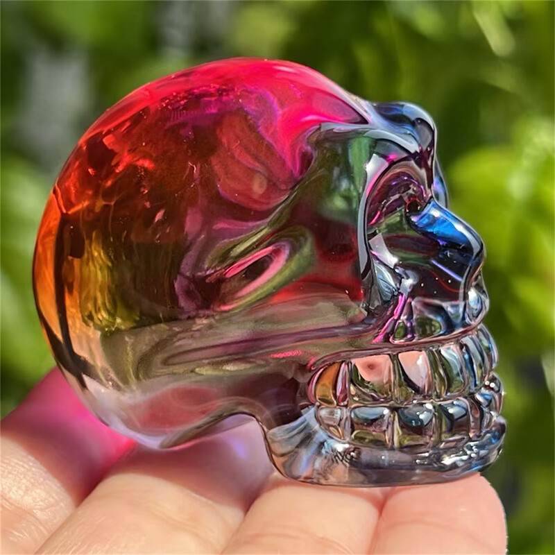 2″ titanium rainbow aura smelting quartz skull crystal hand Carved Reiki 1PC