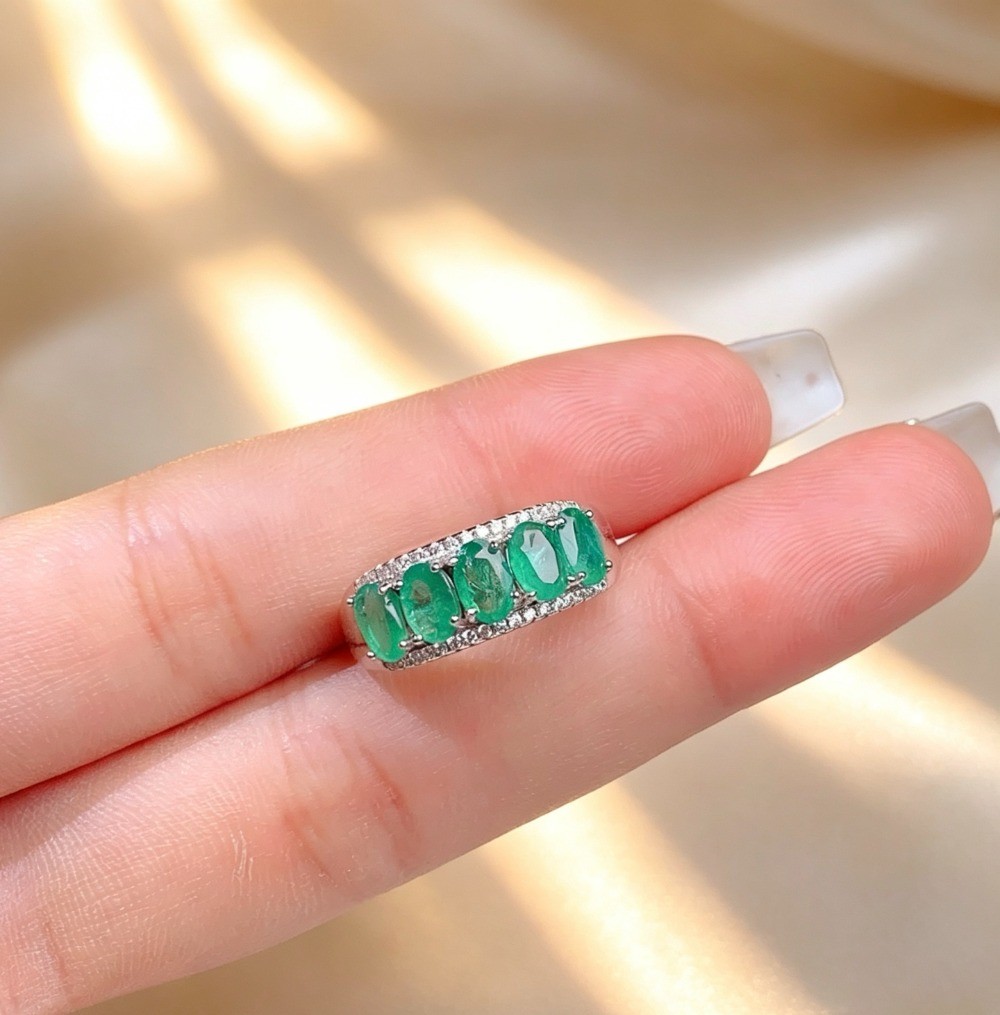 Natural Emerald open Adjustable ring Gemstone S925 Silver Plated18K Gold Gift