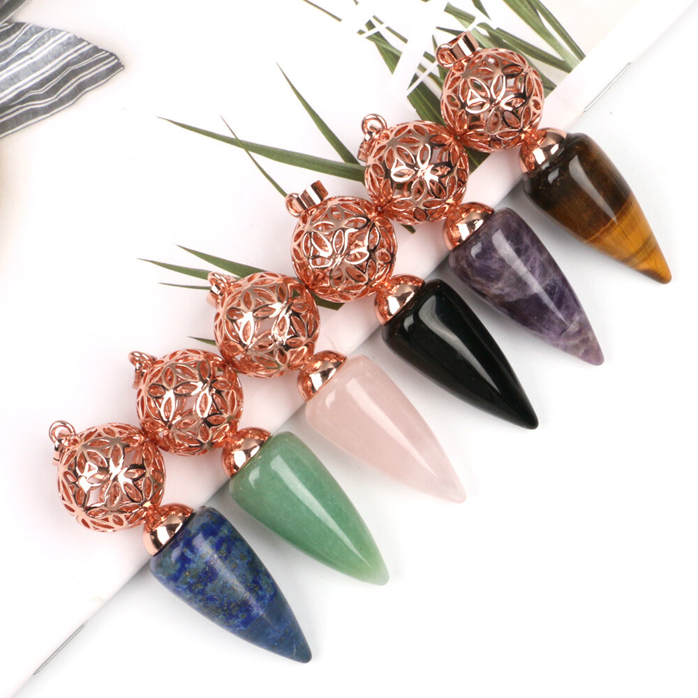 1pc Bullet Cone Crystal Chakra Chain Pendulum Quartz Stone Metal Dowsing Pendant