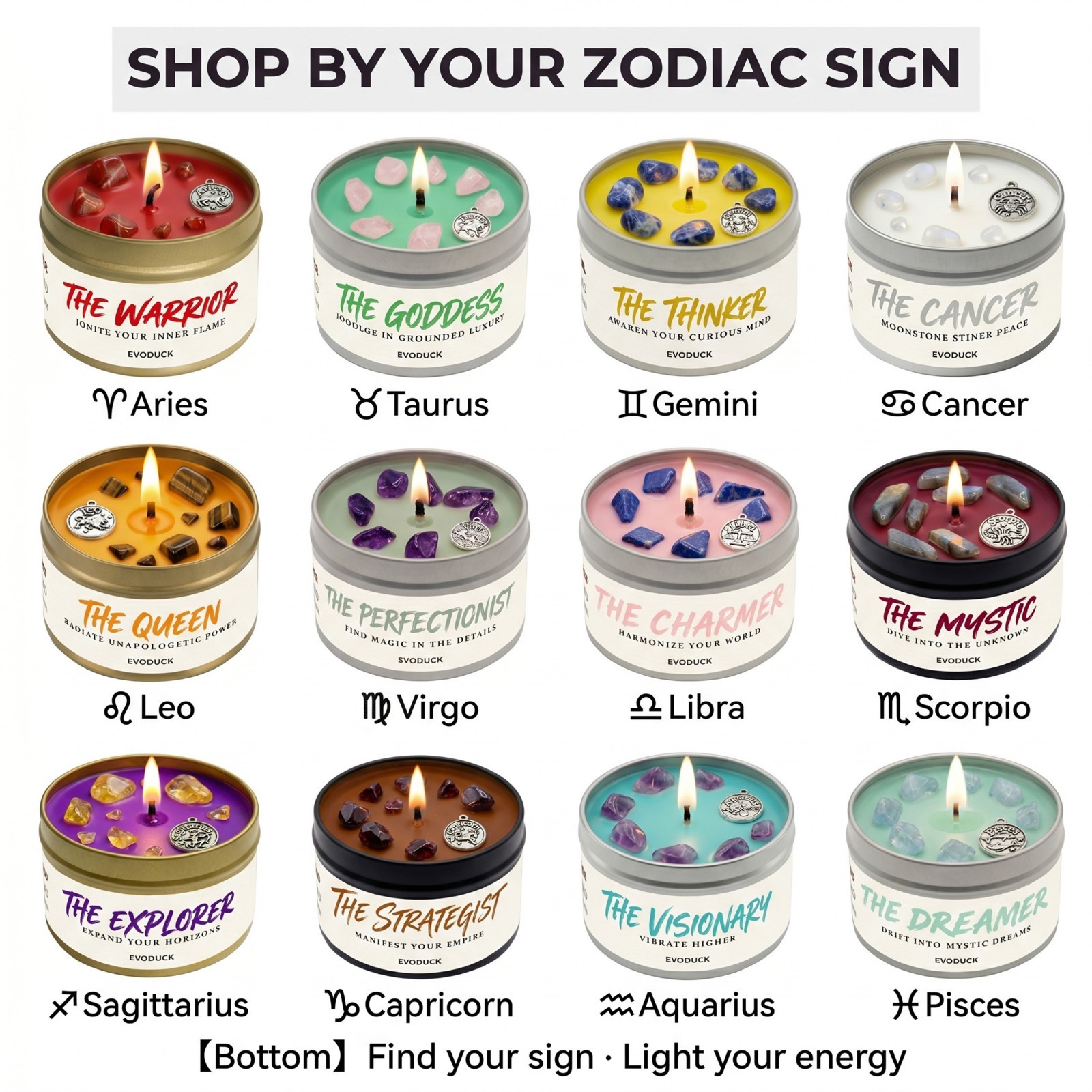 EVODUCK Zodiac Candle Crystal Healing Soy Wax Astrology Birthday Gift Women