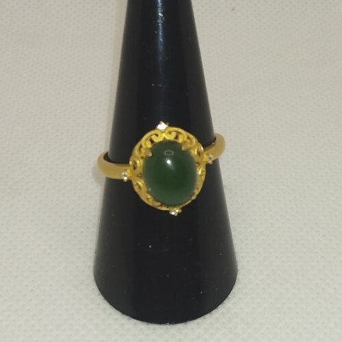 Real Hetian Jasper Green Jade Cz Hollowing Golden Process 925 Sterling Adj- Ring
