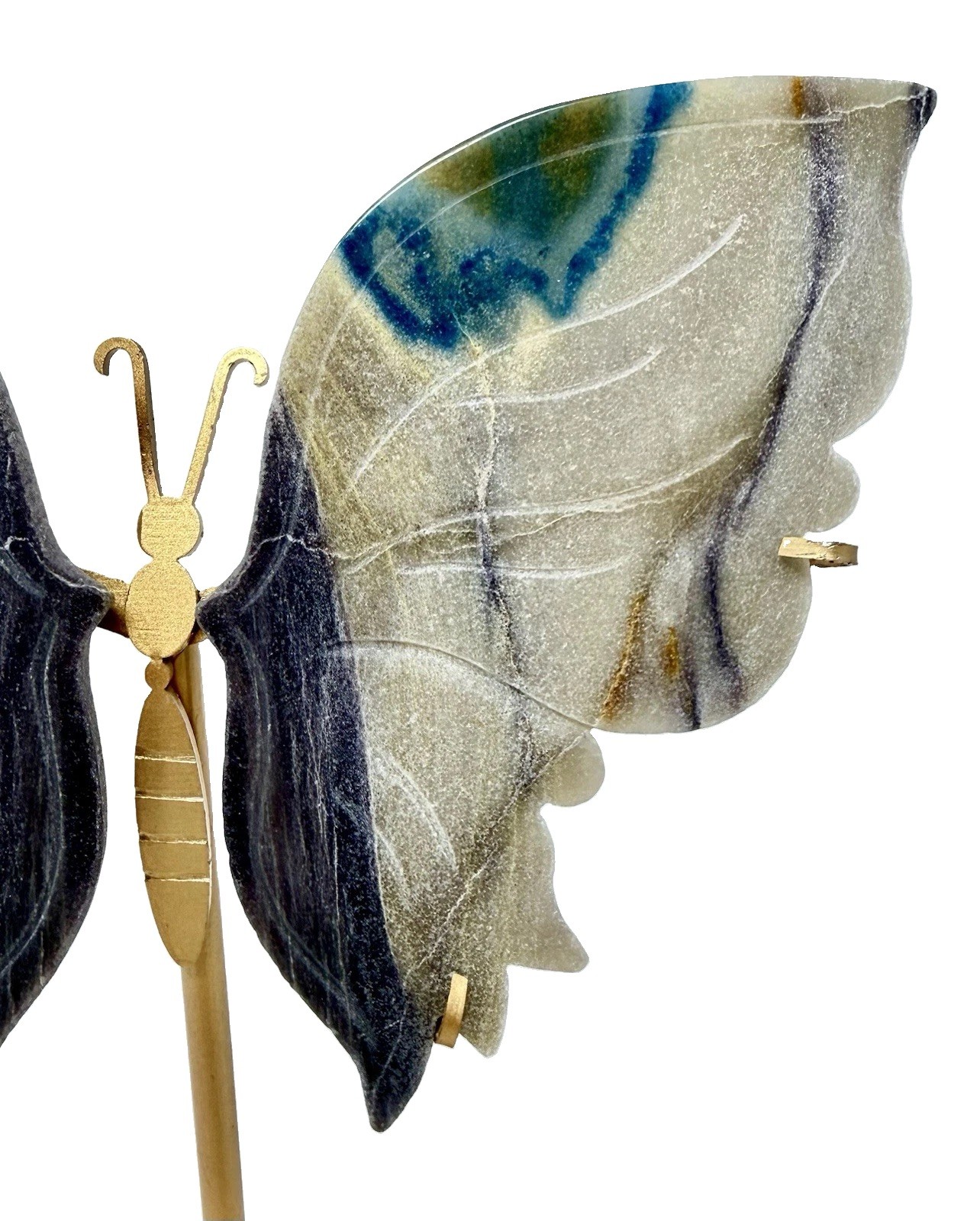 Large Unique & Colorful Agate Crystal Butterfly Wings Blue&Purple On Gold Stand