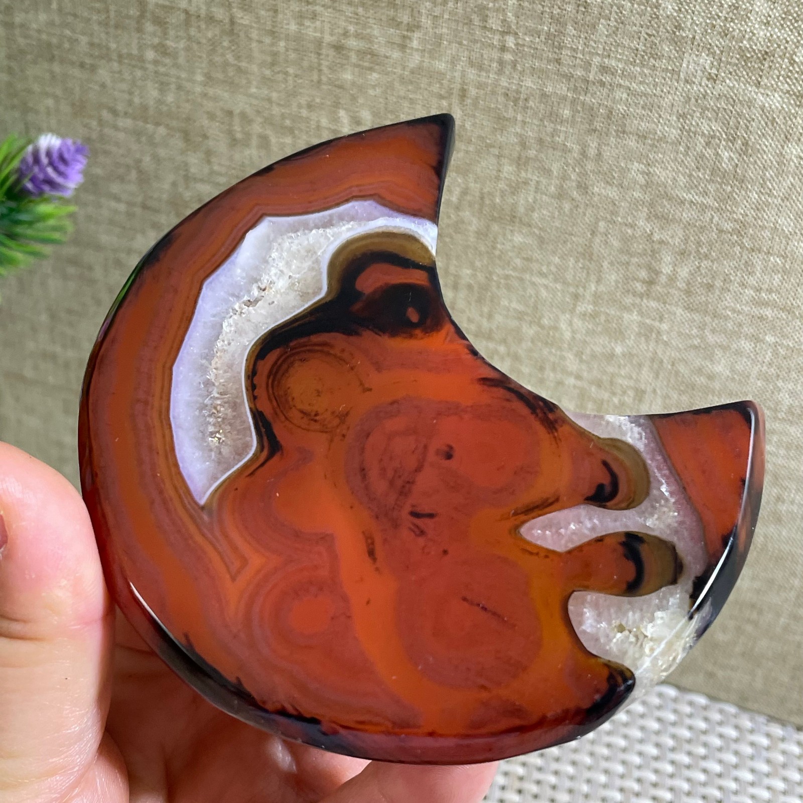 161g Natural striped agate crystal moon shaped quartz healing