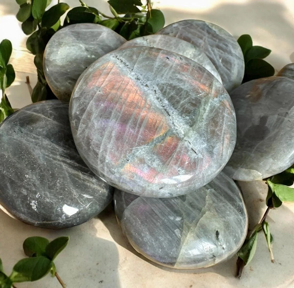 Sunset Flash Labradorite Flat Worry/Palm Stone: Vivid Pink, Purple & Orange