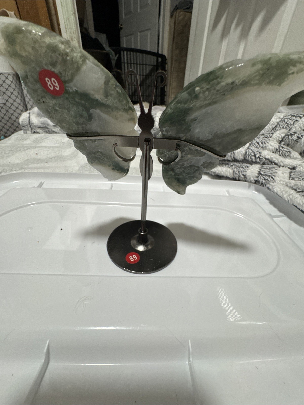 Moss Agate Butterfly Wings With Stand. 4.5 Inches In Width And 5 Inches Tall