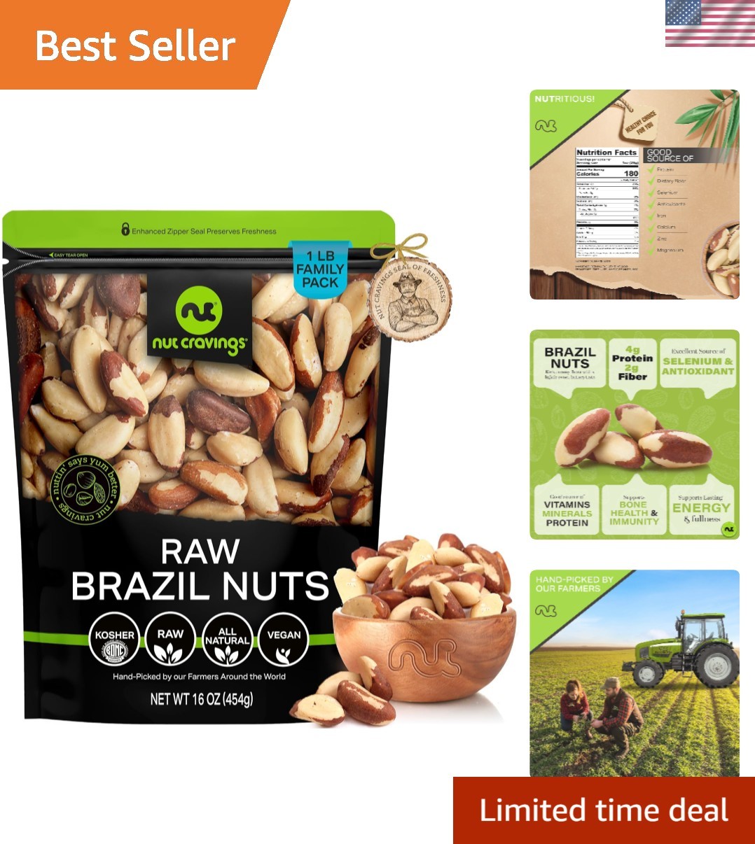 16oz Resealable Bag of Fresh Raw Brazil Nuts – Perfect for Snacking & Recipes
