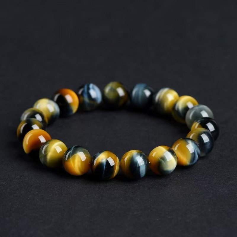 Rare Natural gold Yellow Blue Dual Tone Tiger’s Eye round beads Bracelet