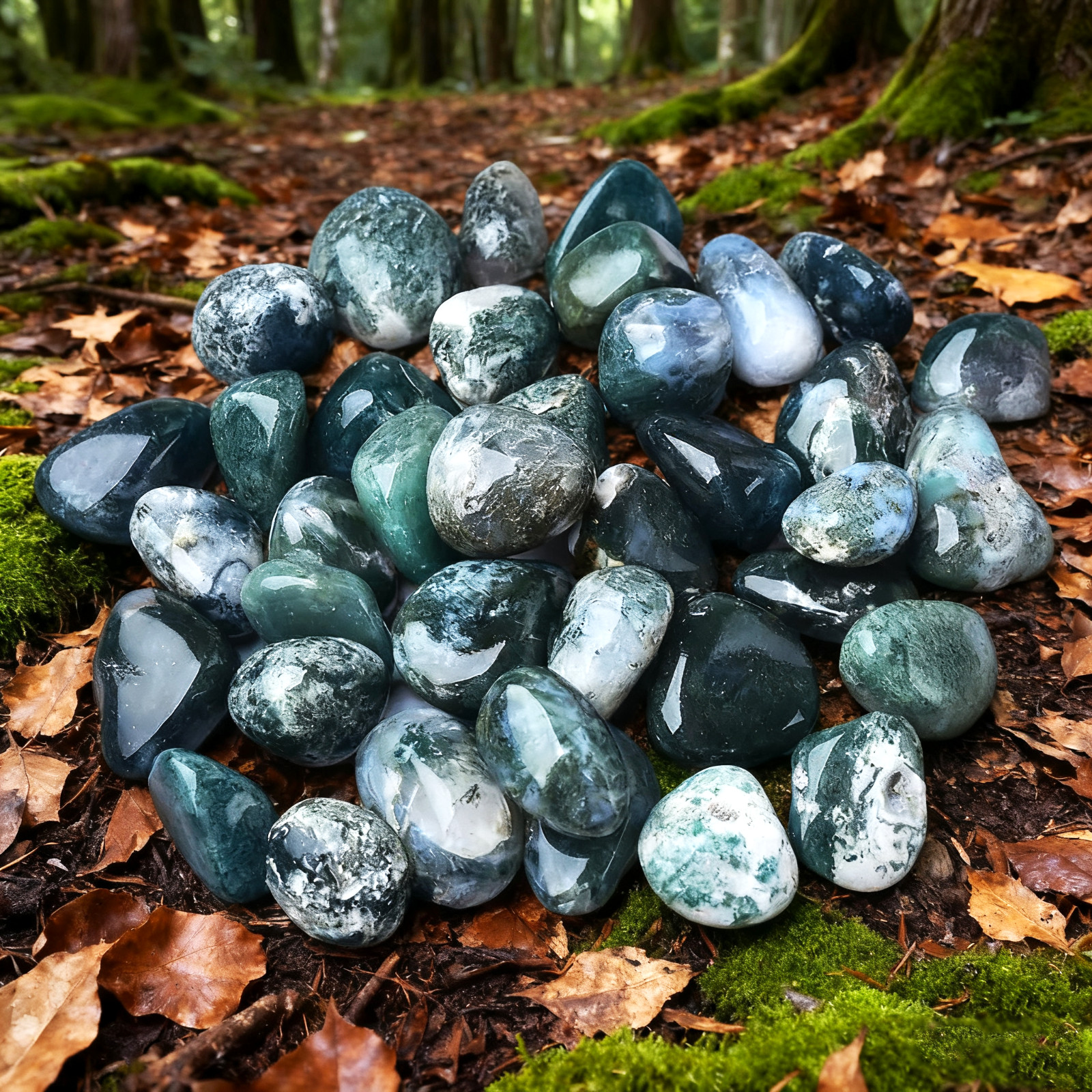 5pcs Natural Moss Agate Stones Set Abundance Crystal Grid Collection Home Decor
