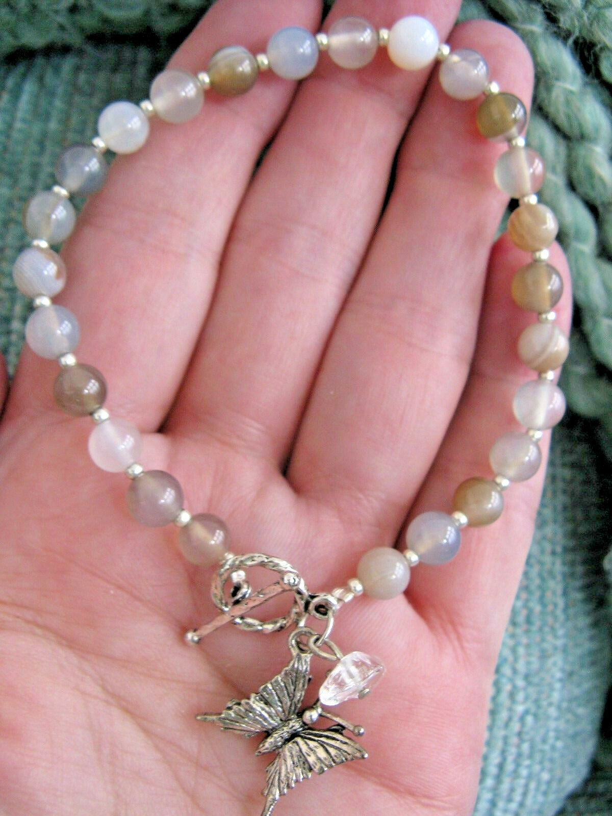 NEW RUSTIC NATURAL AGATE CRYSTAL CUFF BRACELET W/ BUTTERFLY CHARM & QUARTZ